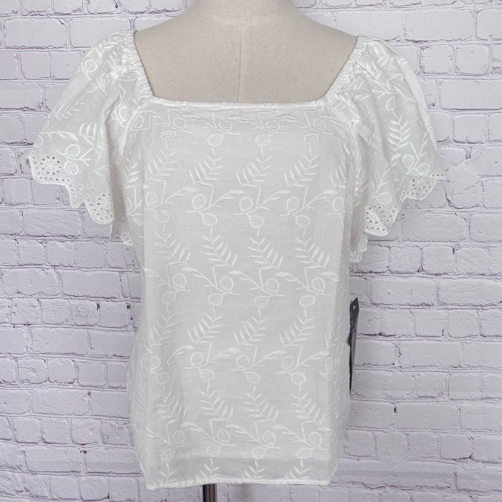 BROADWAY 38 Short Sleeve Eyelet Embroidered Cotton Blouse—NWT—M